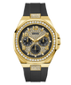 Gold and black watch with gemstone accents on a white background
