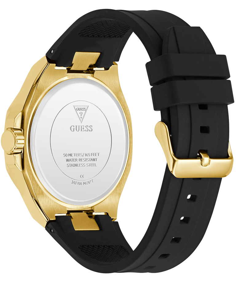 Gold and black watch with visible brand logo on a white background