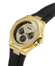 GUESS Mens BLACK GOLD TONE Analog Watch with gold case, black strap, and diamond-studded face on a white background lifestyle