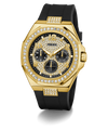 GUESS Mens BLACK GOLD TONE Analog Watch with diamond accents on a white background