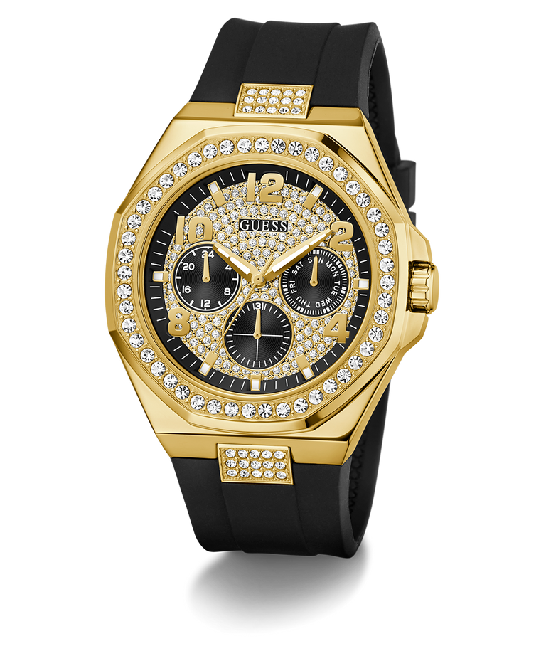 GUESS Mens BLACK GOLD TONE Analog Watch with diamond accents on a white background