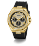GUESS Mens BLACK GOLD TONE Analog Watch with diamond accents on a white background