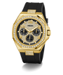 GUESS Mens BLACK GOLD TONE Analog Watch with diamond accents on a white background