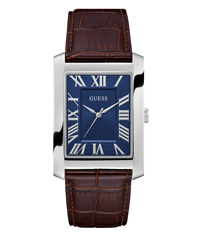 GUESS Mens BROWN SILVER TONE Analog Watch with brown leather strap and blue face on white background