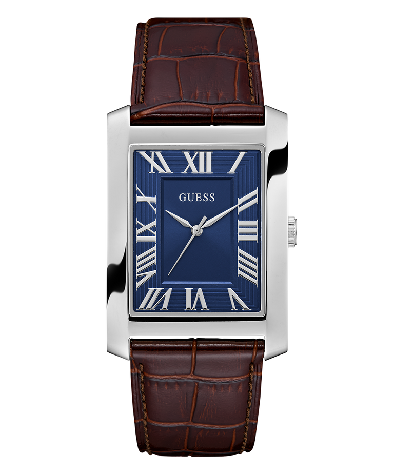 GUESS Mens BROWN SILVER TONE Analog Watch with brown leather strap and blue face on white background