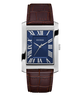 GUESS Mens BROWN SILVER TONE Analog Watch with brown leather strap and blue face on white background