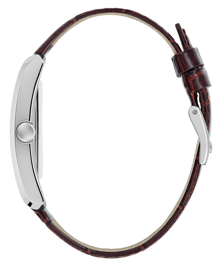 Brown leather watch with silver clasp on a white background