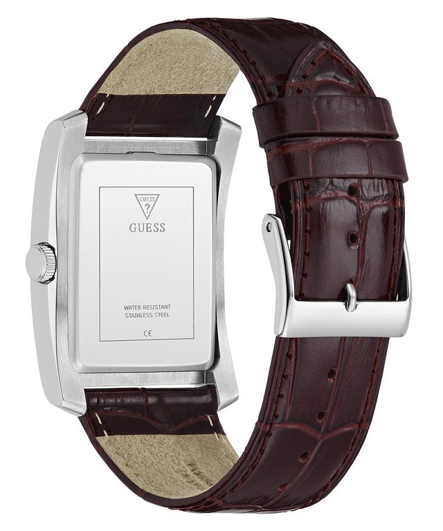 GUESS Mens BROWN SILVER TONE Analog Watch with brown leather strap on a white background