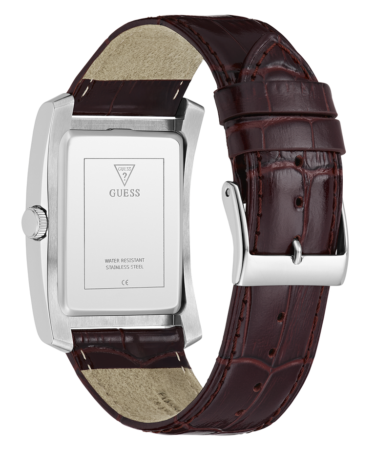 GUESS Mens BROWN SILVER TONE Analog Watch with brown leather strap on a white background