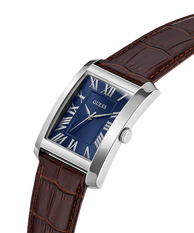 GUESS Mens BROWN SILVER TONE Analog Watch with brown leather strap and blue face on white background lifestyle