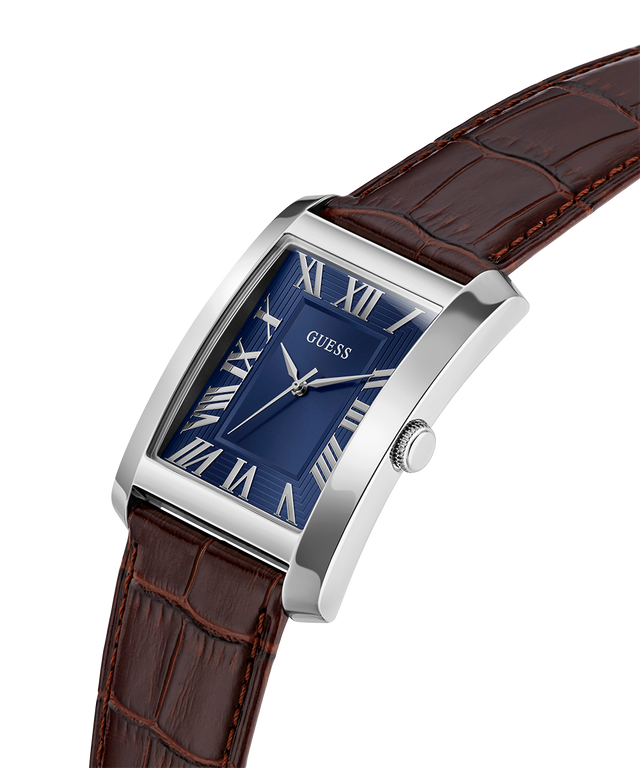 GUESS Mens BROWN SILVER TONE Analog Watch with brown leather strap and blue face on white background lifestyle