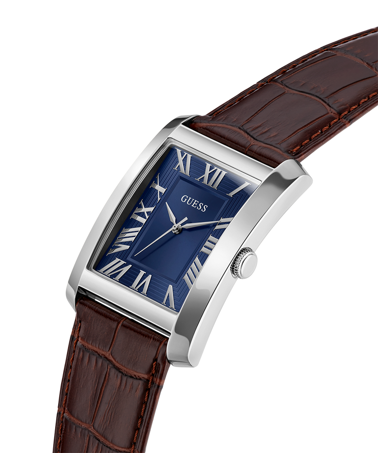 GUESS Mens BROWN SILVER TONE Analog Watch with brown leather strap and blue face on white background lifestyle