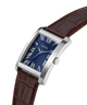 GUESS Mens BROWN SILVER TONE Analog Watch with brown leather strap and blue face on white background lifestyle