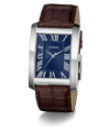 GUESS watch with brown leather strap and blue face on a white background