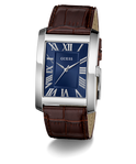 GUESS watch with brown leather strap and blue face on a white background