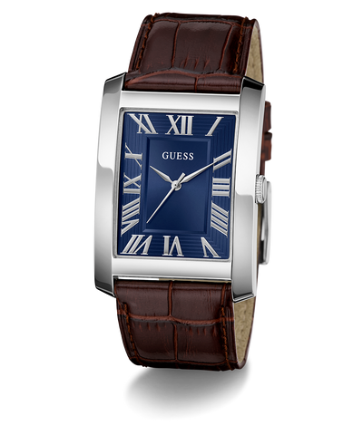 GUESS watch with brown leather strap and blue face on a white background