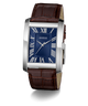 GUESS watch with brown leather strap and blue face on a white background