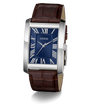 GUESS watch with brown leather strap and blue face on a white background