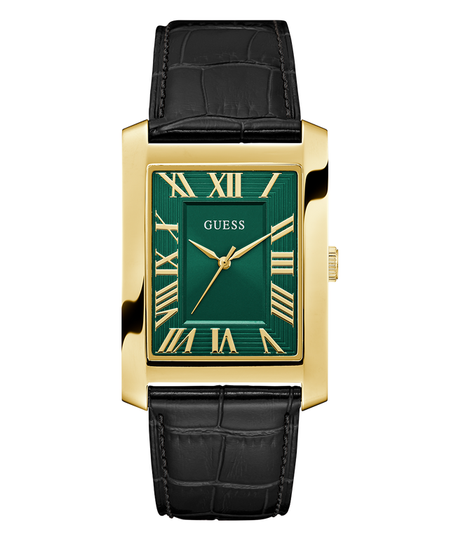 GUESS Mens BLACK GOLD TONE Analog Watch with green face and black leather strap on a white background
