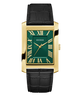 GUESS Mens BLACK GOLD TONE Analog Watch with green face and black leather strap on a white background