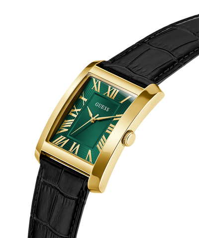 GUESS Mens BLACK GOLD TONE Analog Watch with green face and black leather strap on white background lifestyle