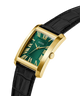 GUESS Mens BLACK GOLD TONE Analog Watch with green face and black leather strap on white background lifestyle
