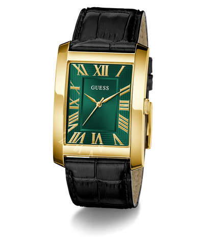GUESS Mens BLACK GOLD TONE Analog Watch with green face and black strap on a white background