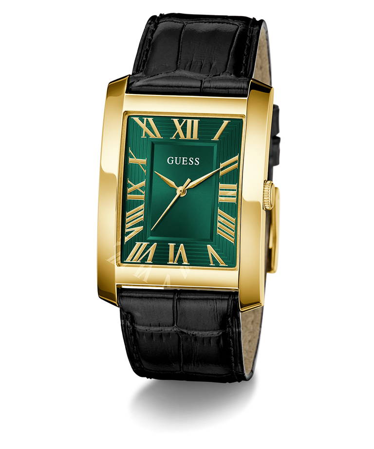 GUESS Mens BLACK GOLD TONE Analog Watch with green face and black strap on a white background