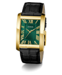 GUESS Mens BLACK GOLD TONE Analog Watch with green face and black strap on a white background