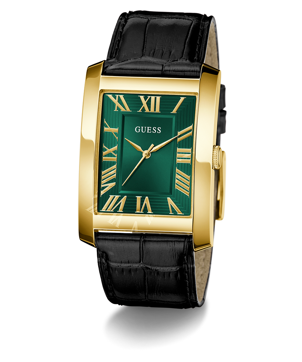 GUESS Mens BLACK GOLD TONE Analog Watch with green face and black strap on a white background