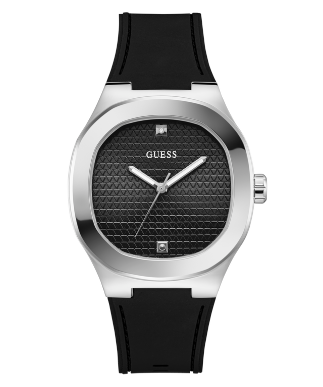 Black GUESS Mens Black Silver Tone Analog Watch with silver case and black strap on a white background