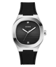 Black GUESS Mens Black Silver Tone Analog Watch with silver case and black strap on a white background