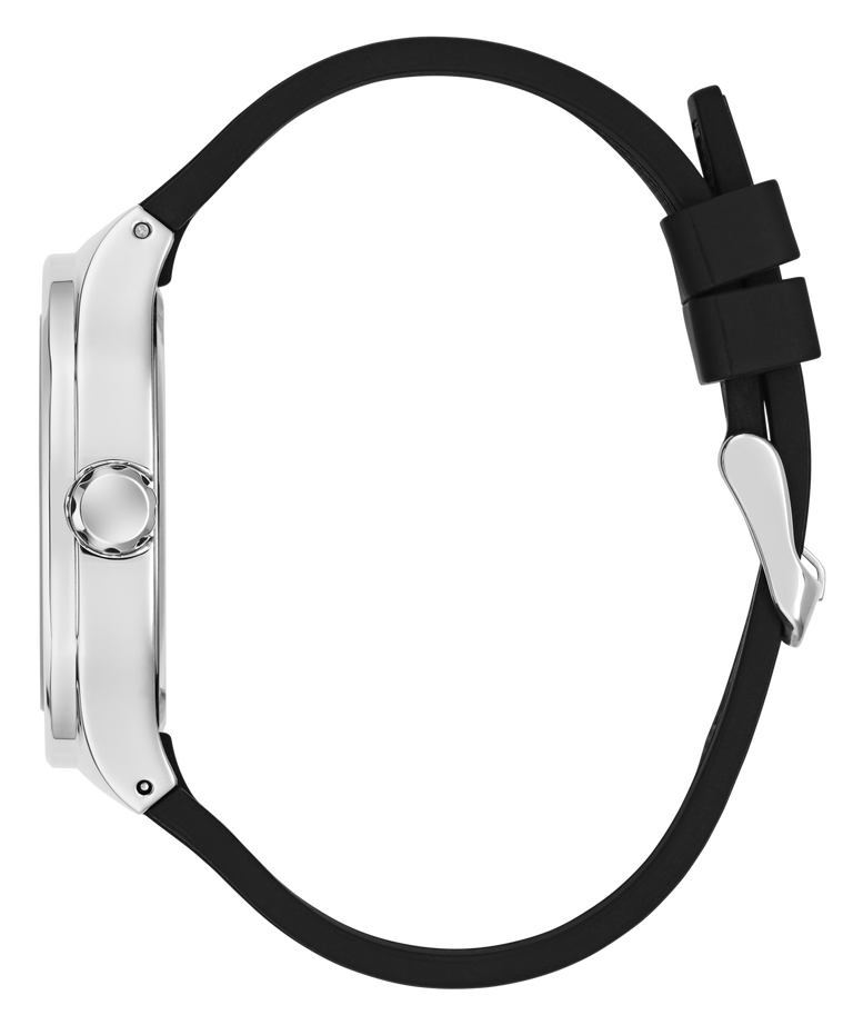 Close-up of a watch with a black strap and silver case on a white background