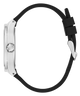 Close-up of a watch with a black strap and silver case on a white background