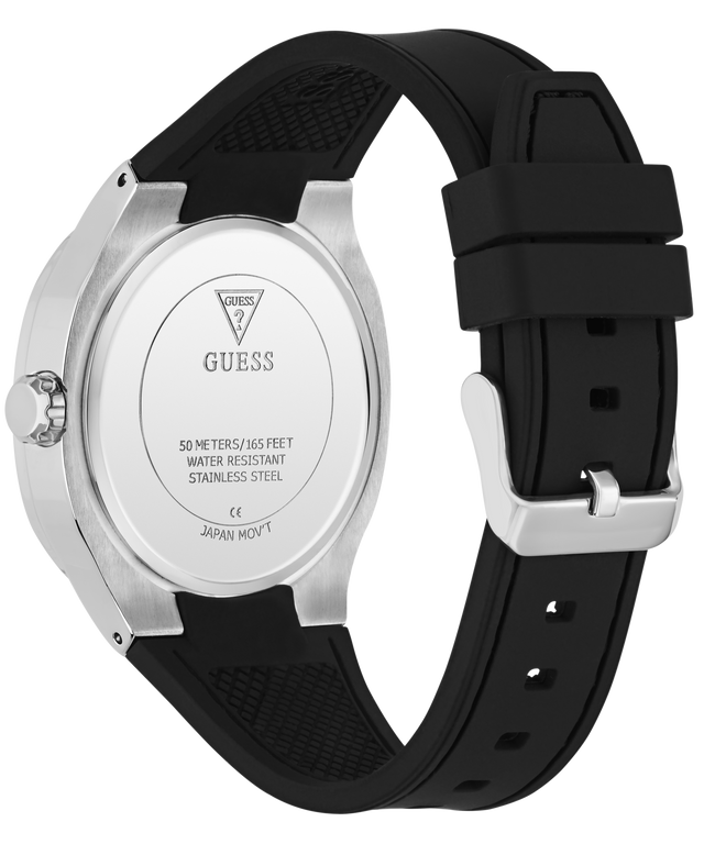 Black watch with silver case and visible brand logo on a white background