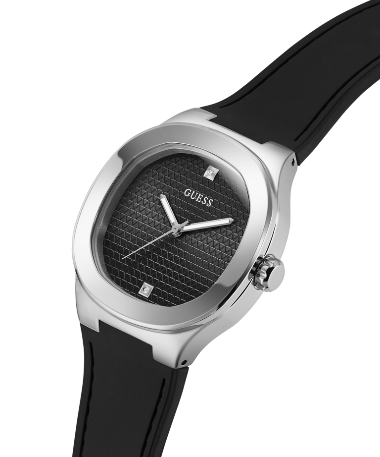 Guess watch with black strap and silver case on white background lifestyle