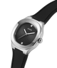 Guess watch with black strap and silver case on white background lifestyle