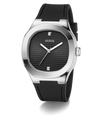 Black watch with silver case and black strap on a white background