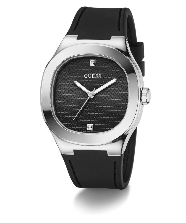 Black watch with silver case and black strap on a white background