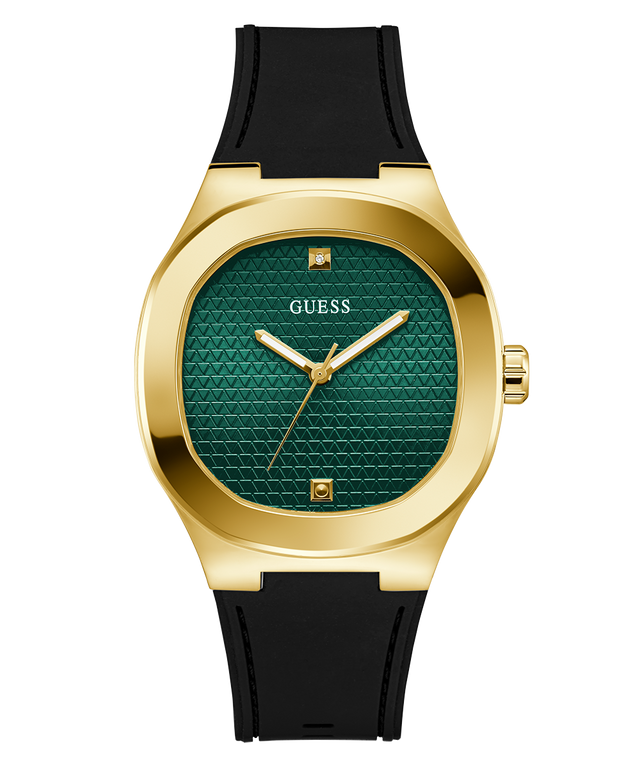 GUESS Mens Black Gold Tone Analog Watch with green face and black strap on white background