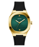 GUESS Mens Black Gold Tone Analog Watch with green face and black strap on white background