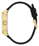 Gold watch case with black strap on a white background