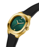 Gold watch with green face and black strap on white background lifestyle
