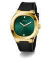 GUESS Mens Black Gold Tone Analog Watch with green face and black strap on white background