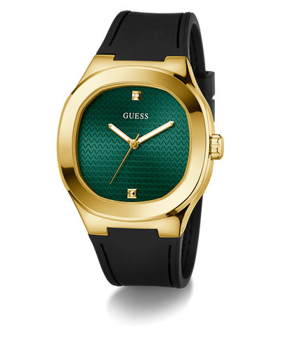 GUESS Mens Black Gold Tone Analog Watch with green face and black strap on white background