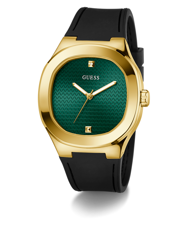 GUESS Mens Black Gold Tone Analog Watch with green face and black strap on white background