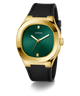 GUESS Mens Black Gold Tone Analog Watch with green face and black strap on white background