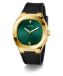 GUESS Mens Black Gold Tone Analog Watch with green face and black strap on white background