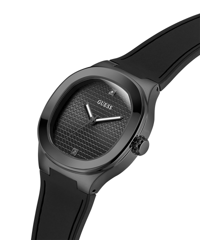 Black GUESS Mens BLACK Analog Watch  with a textured face on a white background lifestyle