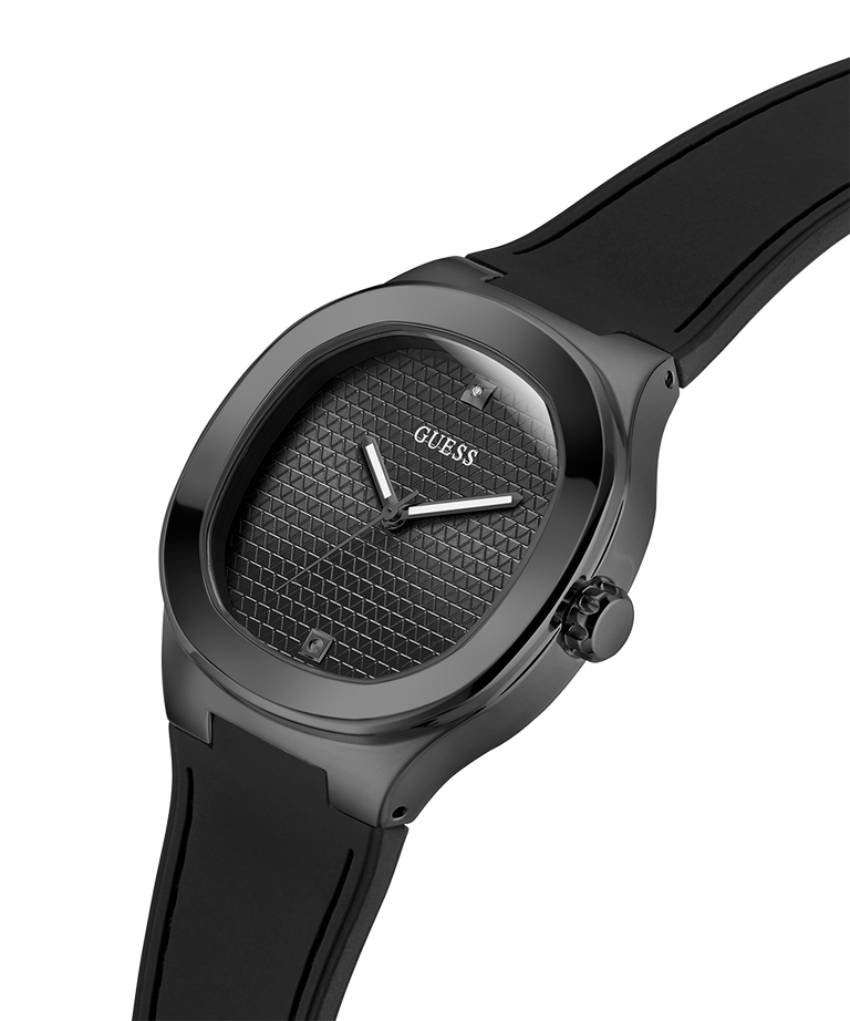 Black GUESS Mens BLACK Analog Watch  with a textured face on a white background lifestyle